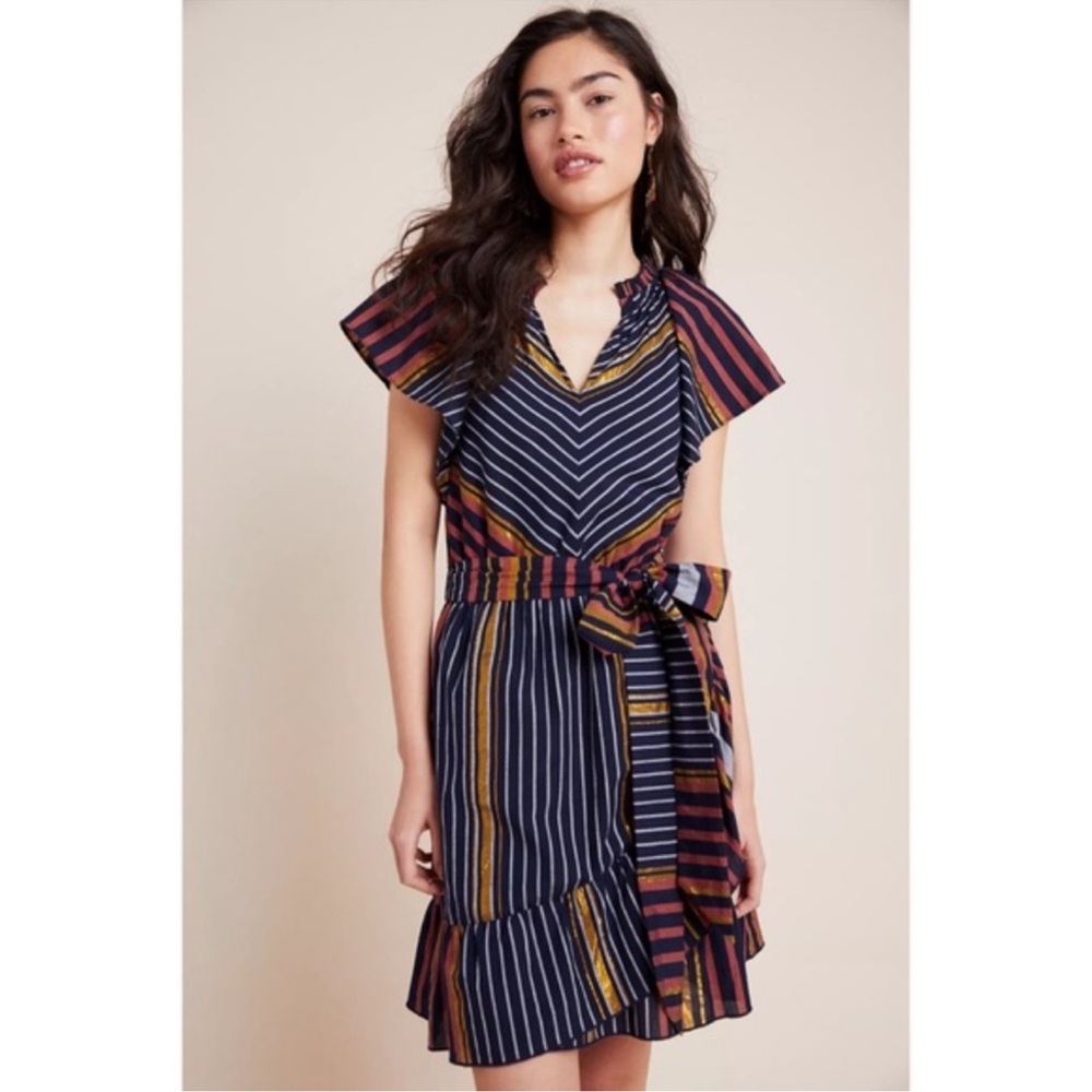 Anthropologie Ranna Gill Sibyl Shimmer Mini Dress Faux Wrap Striped Size Small